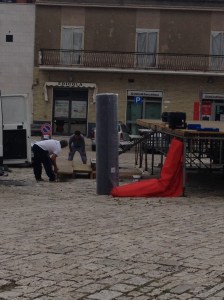 Putting the finishing touches on the huge stage.